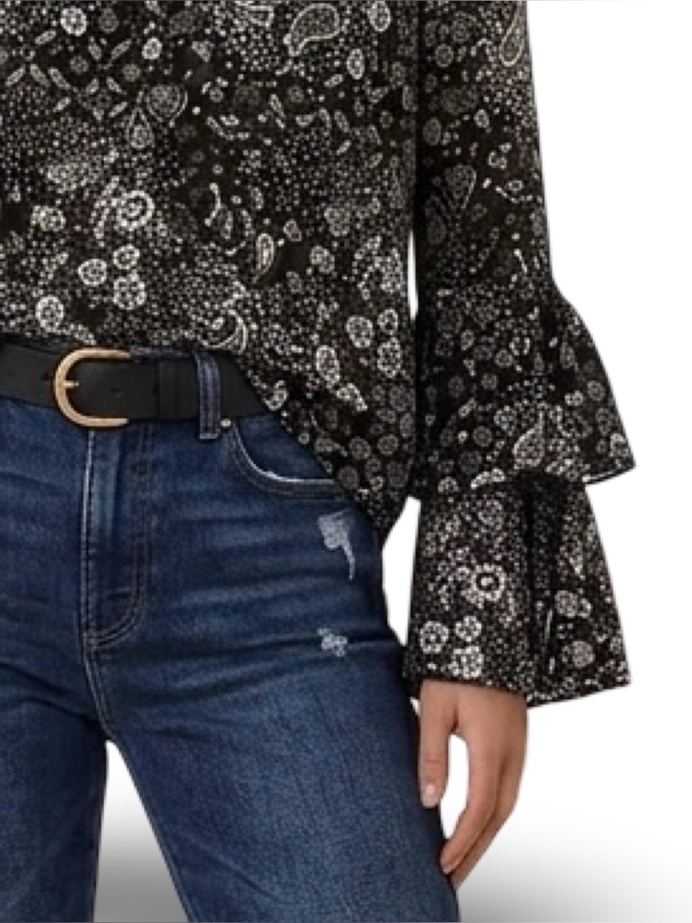 NWT MICHAEL Michael Kors Bell Sleeve Blouse M Black Gunmetal Paisley MF85LVZB5J